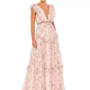 Mac Duggal ruffled floral print cap sleeve gown style #68090 , pink multicolor